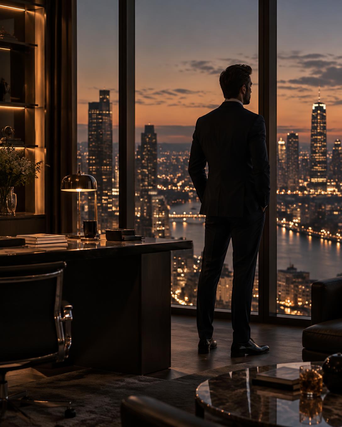 Founder of The Wealth Effect looking over a city skyline at dusk