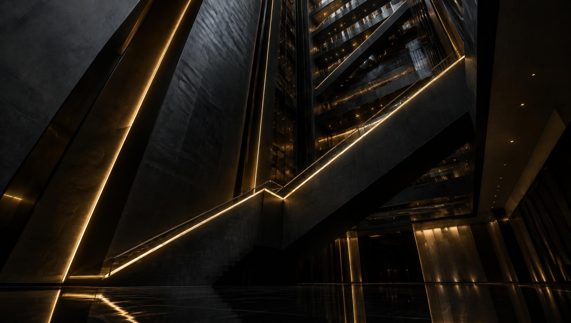 Dark architectural interior traced with champagne-gold light